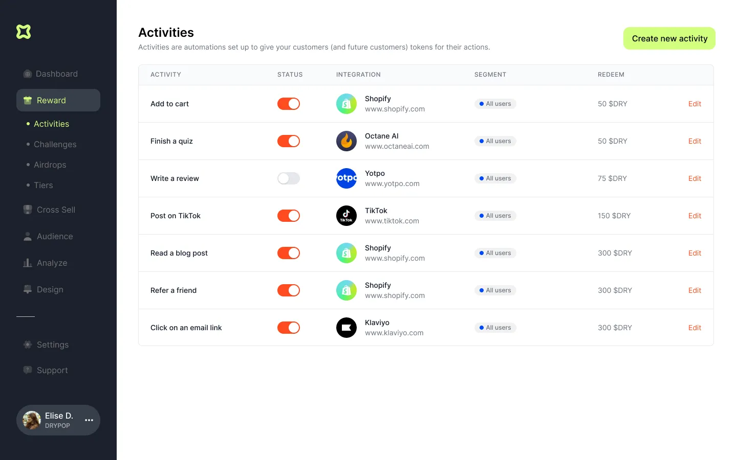 Micro-activities on the Toki rewards platform