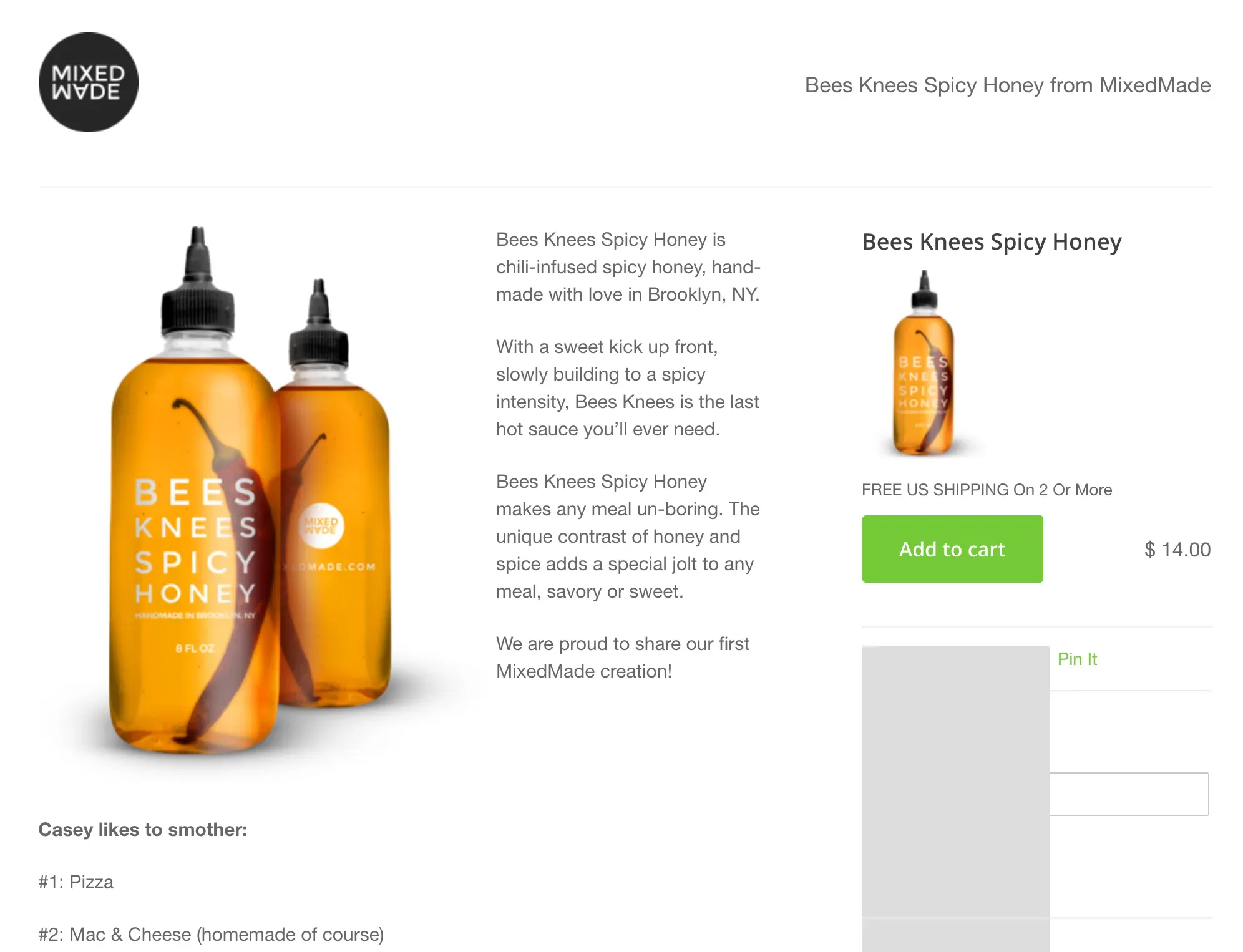 Screenshot showing a product page