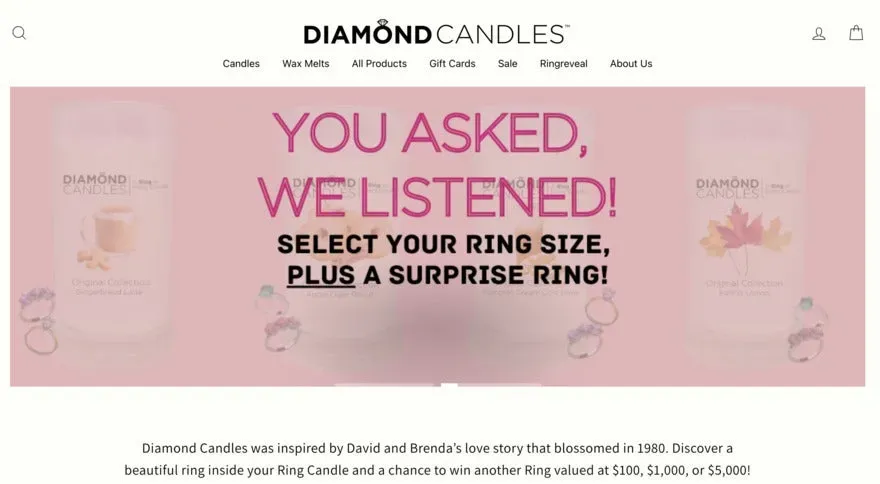 Diamond Candles data driven page that offers tailored gifts