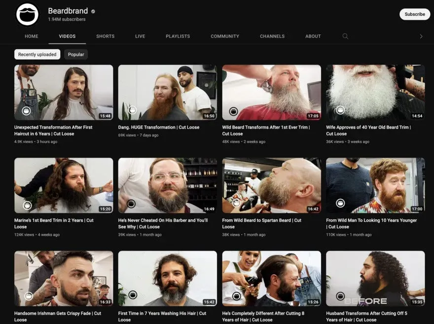BeardBrand YouTube video collection, different men getting their beards transformed