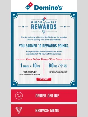 Customer rewards email example from Dominos