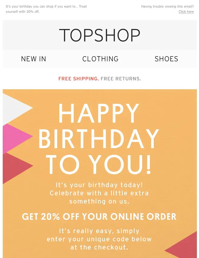 Example of a happy birthday customer loyalty email.