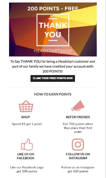 Customer loyalty email example from Headstart Shop.