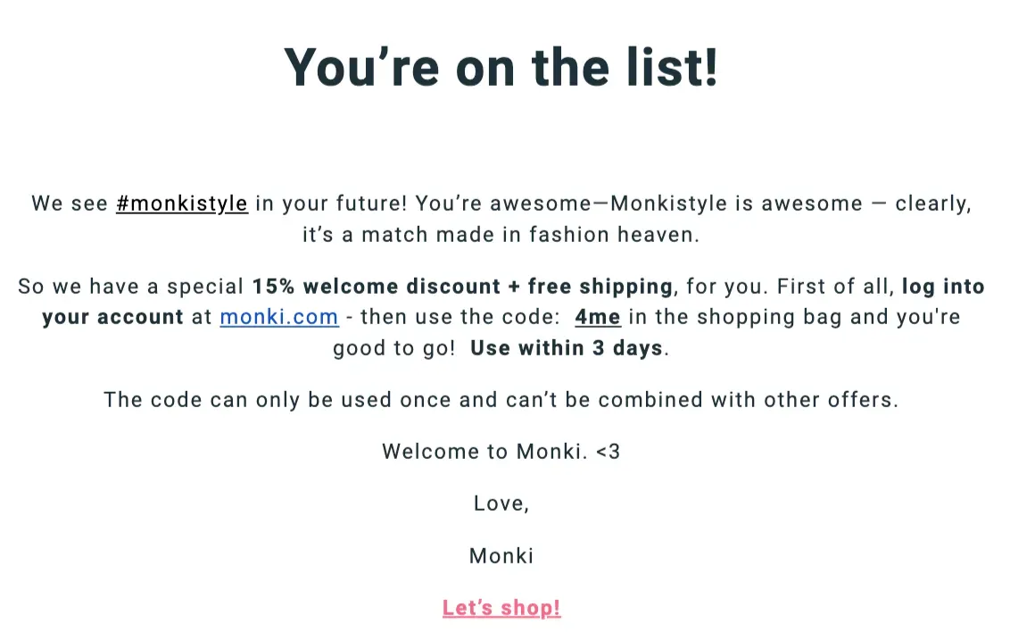 Example of customer loyalty program email from Monki.