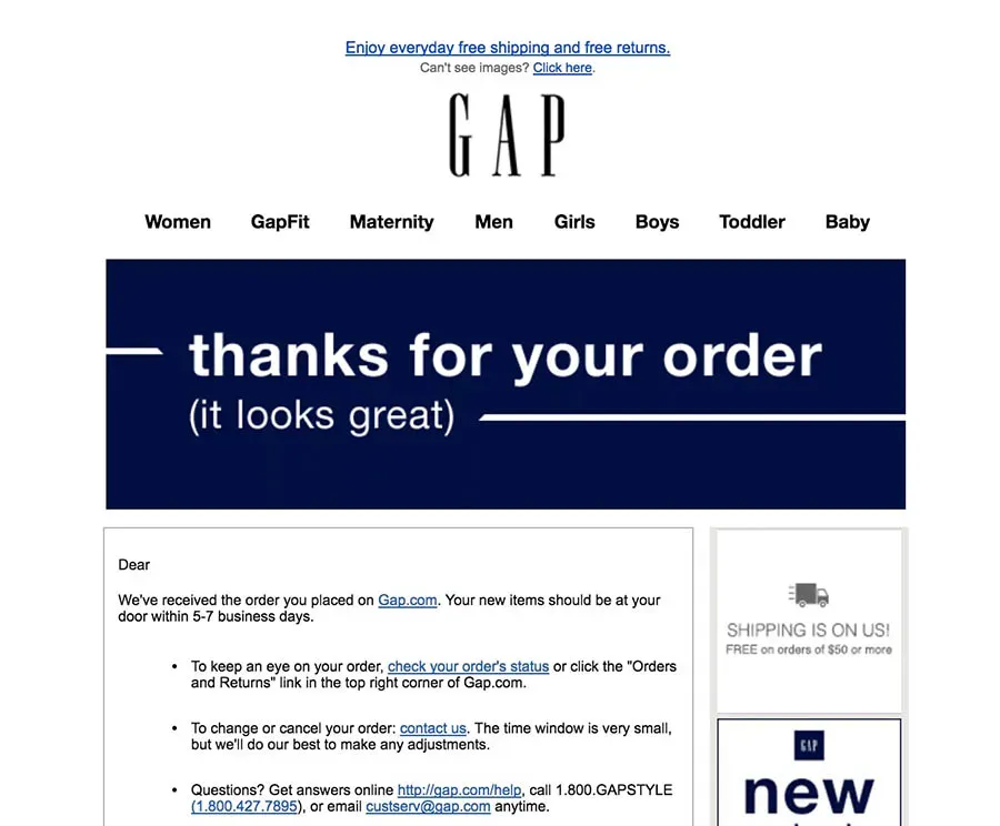 Example of a customer loyalty email from The Gap.