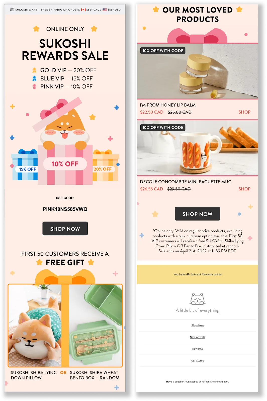Best Loyalty Program Email Examples–A screenshot of Sukoshi Mart's Sukoshi Rewards Sale. The email is on brand with a light pink background and animated cat icons, matching their branding. The text reads, "Gold VIP–20% off, Blue VIP–15% off, Pink VIP–10% off". 