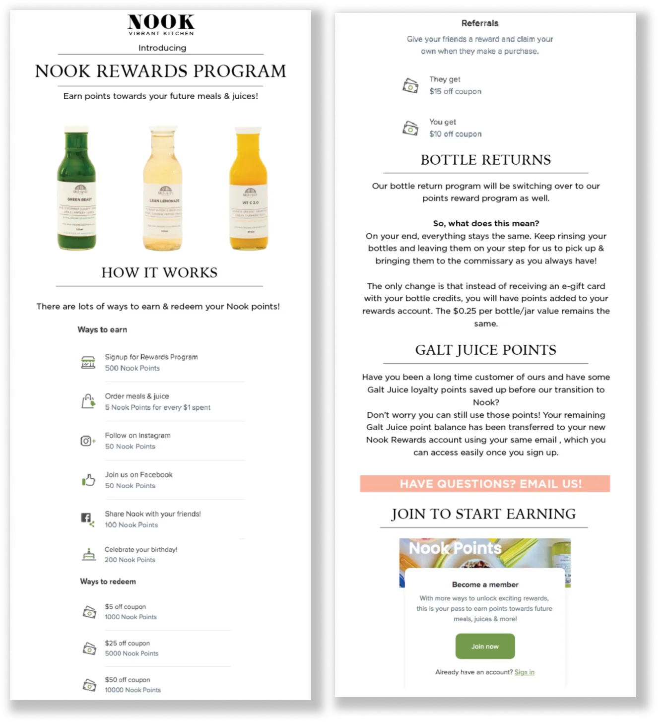 Best Loyalty Program Email Examples–A screenshot of Nook Vibrant Kitchen's rewards program explainer email. The title is, "Introducing Nook Rewards Program". The email has 4 parts entitled, "How it Works", "Bottle Returns", "Galt Juice Points", and "Join to Start Earning", explaining all the aspects of their program.
